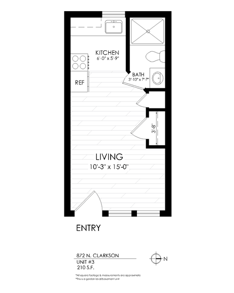 Floor plan for studio, 1 bath, 210 sqft
